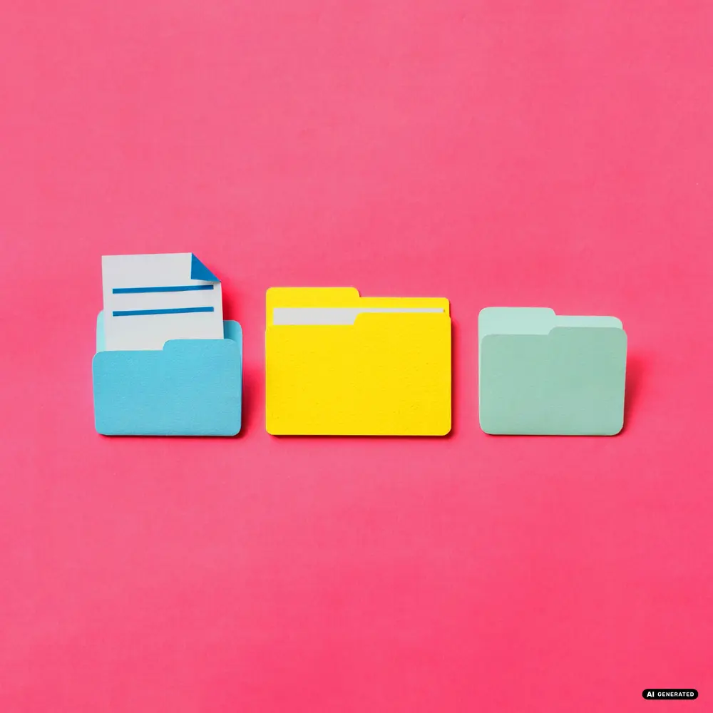 Three paper file folders in blue, yellow, and green on pink background