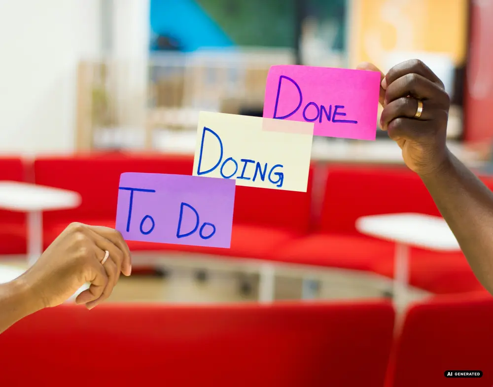 Hands holding colorful To-Do, Doing, Done cards over red seating