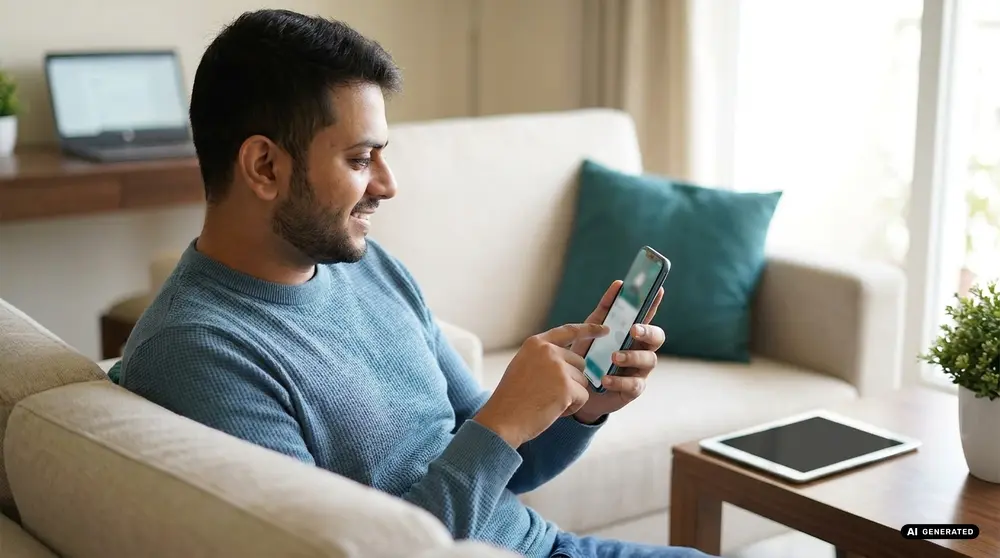 Man sitting on a couch using a smartphone with a tablet on the table