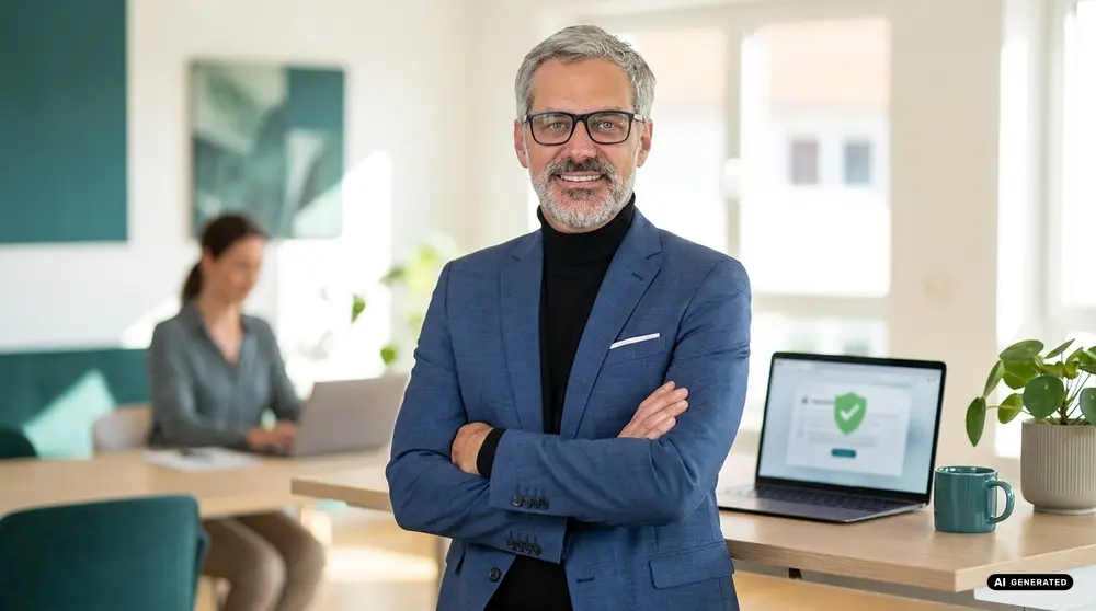 Smiling man in blue suit with laptop and woman in office setting