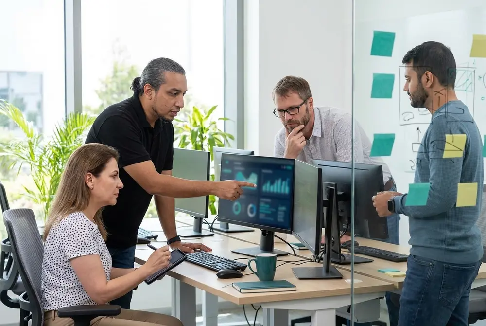 Four colleagues discussing charts on computer monitors