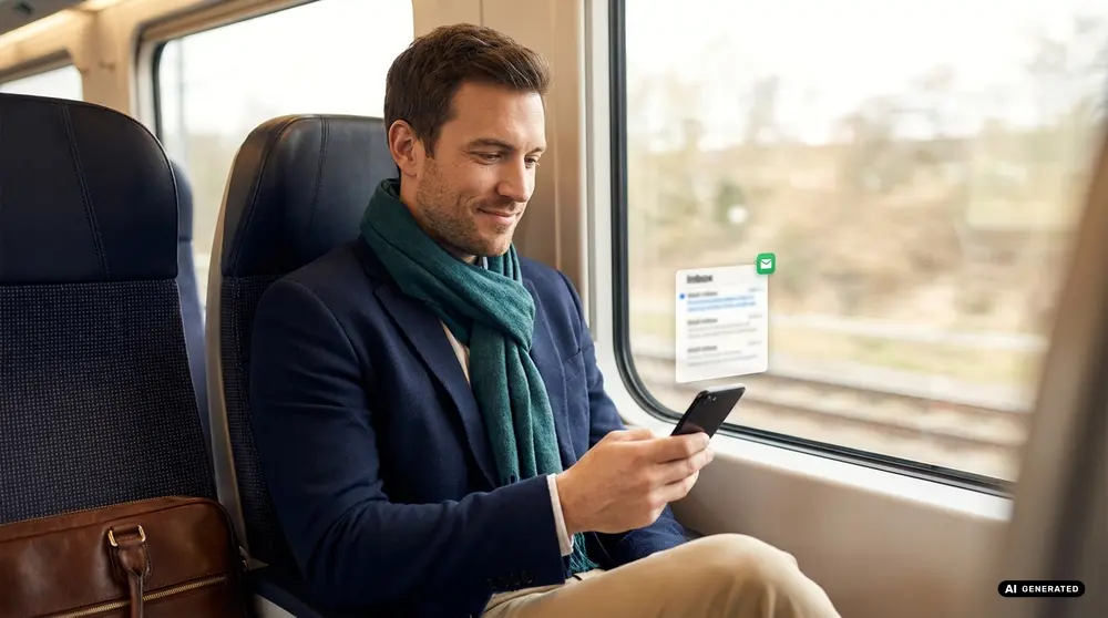 Man in a blue suit with a green scarf using his smartphone on a train.