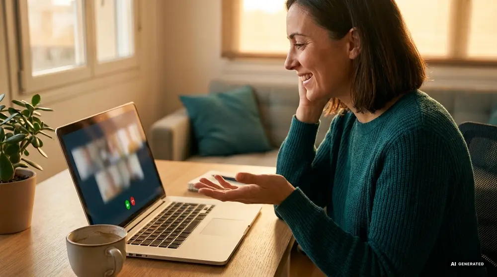 Woman in green sweater having a video call on a laptop