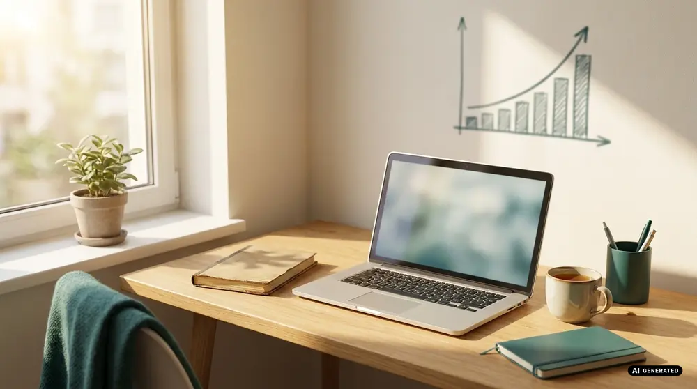 Sunny home office with laptop, books, and coffee cup