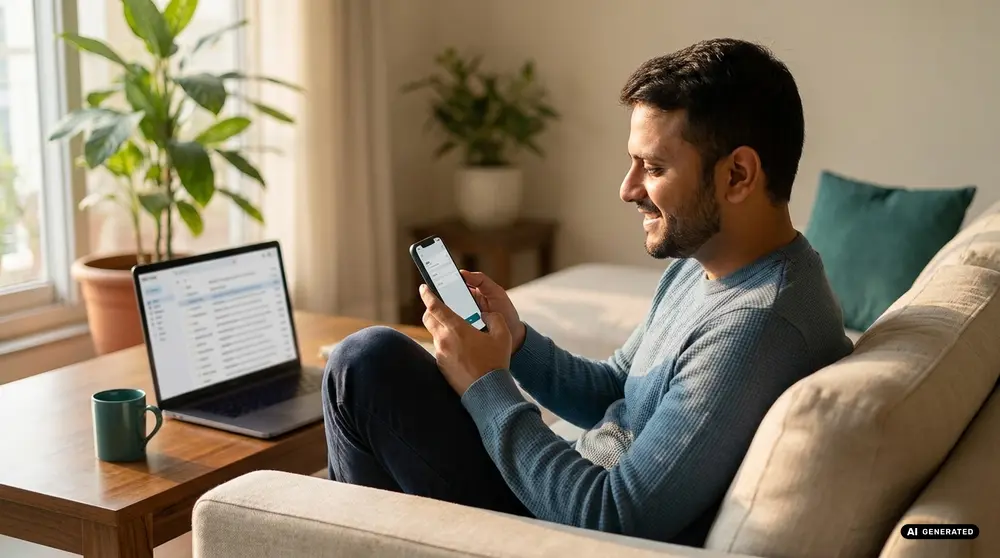 Man sitting on couch using smartphone with laptop nearby