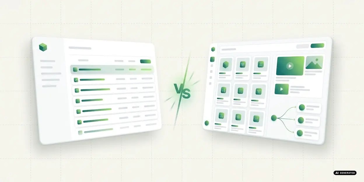 Side-by-side dashboard showing list and grid layouts