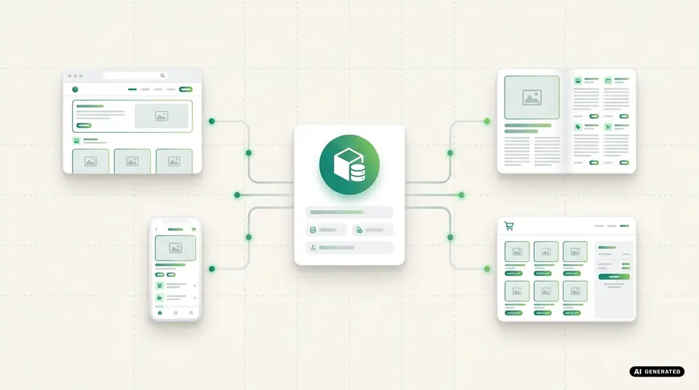 Diagram showing interconnected devices with central data icon