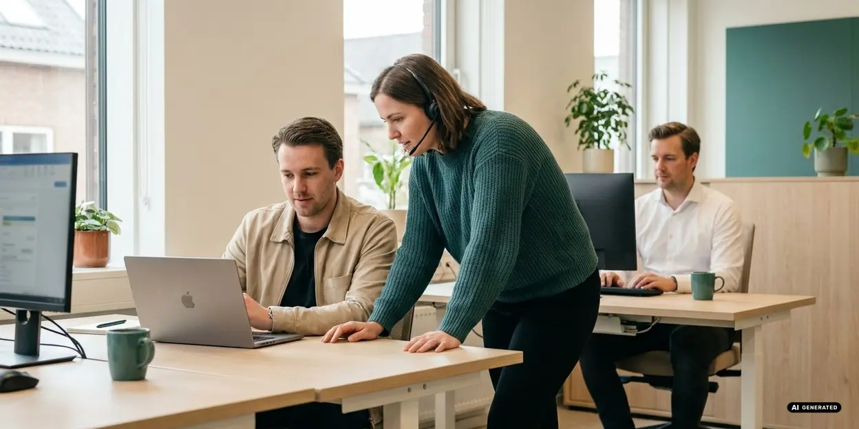 Two colleagues working together on laptops in an office