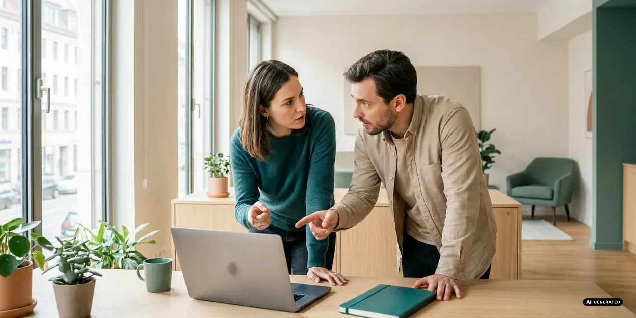 Two people discussing over a laptop in a modern office