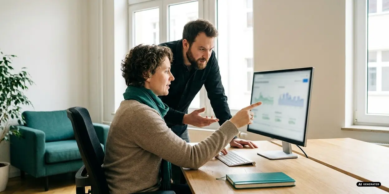Two colleagues discussing data on a computer screen in a modern office