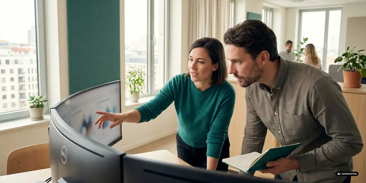 Two coworkers discussing at a desk with computer monitors