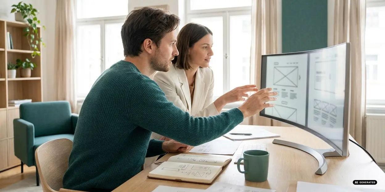 Two people working together at a desk with a curved monitor
