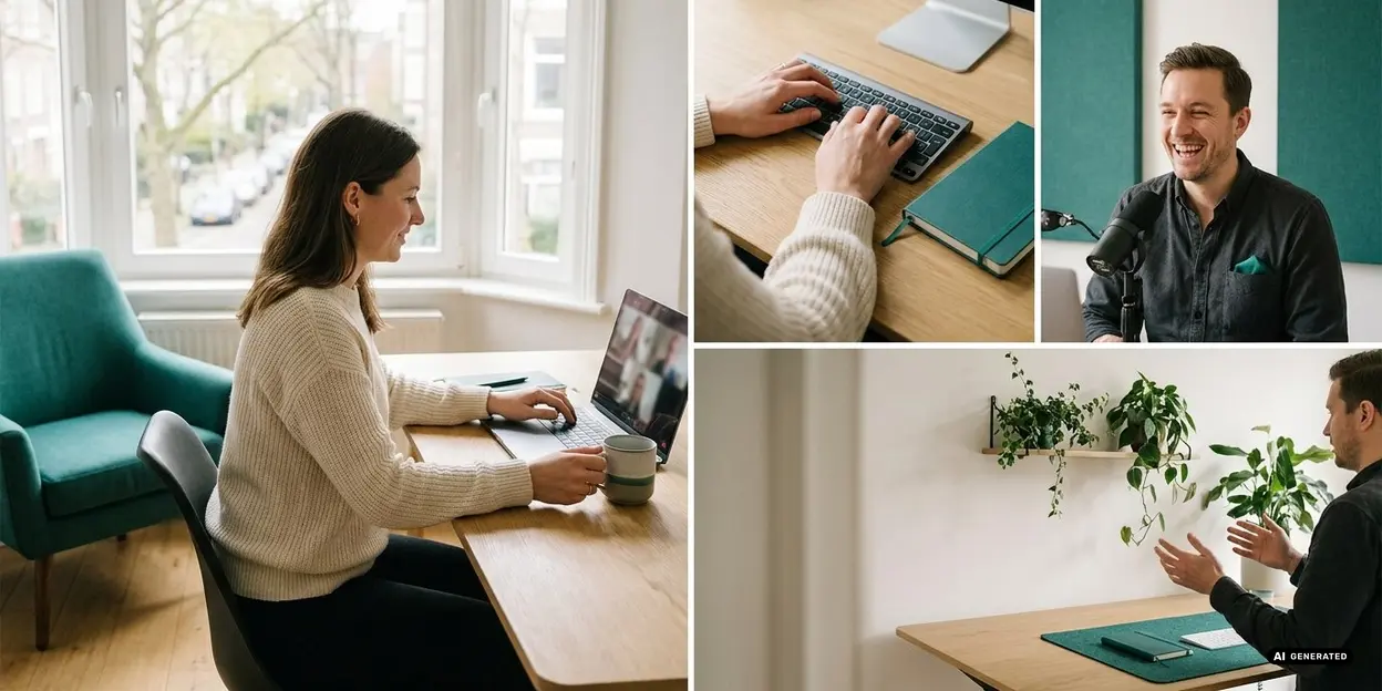 Collage of a home office with a person working on a laptop