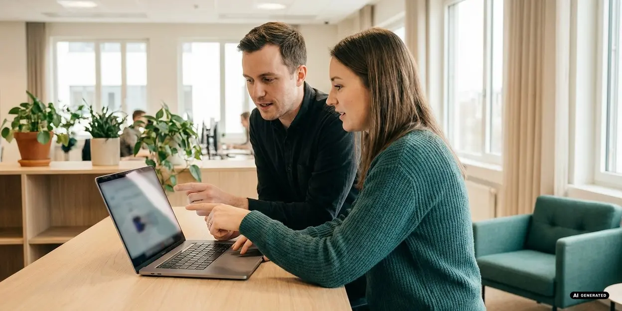 Man and woman collaborating at laptop in office