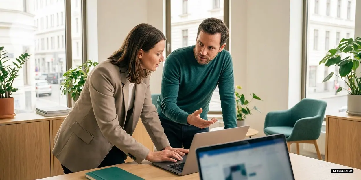 Dos personas discutiendo trabajo en una computadora portátil en una oficina