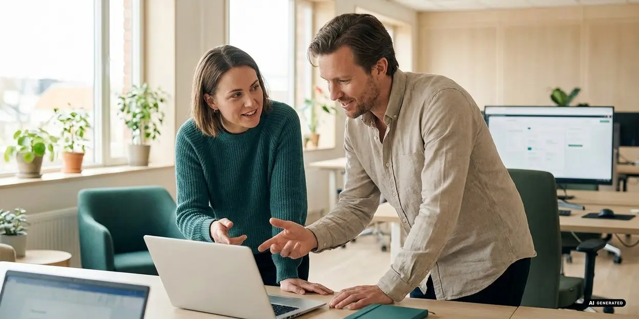 Two colleagues discussing work at a desk with a laptop in an office