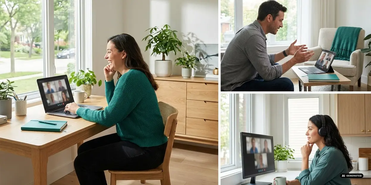 Collage of people in virtual meetings on laptops and monitors in home settings