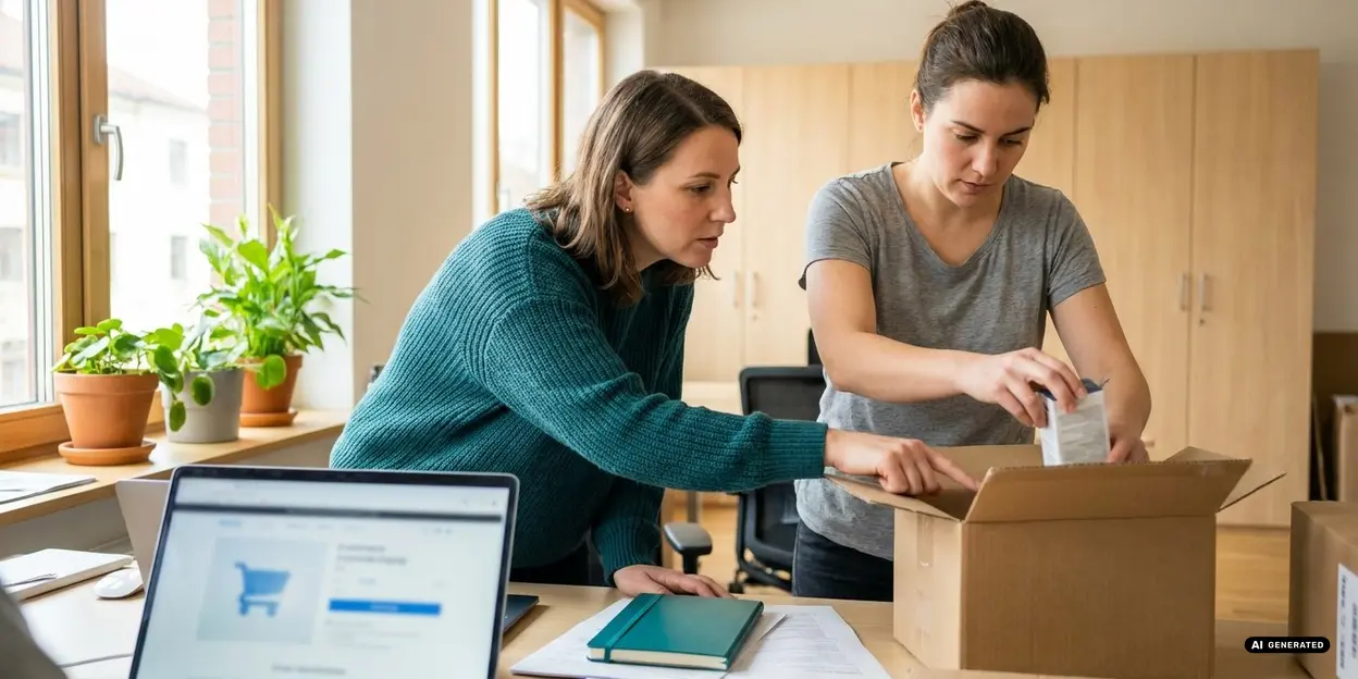 Two women in an office working together on packaging tasks