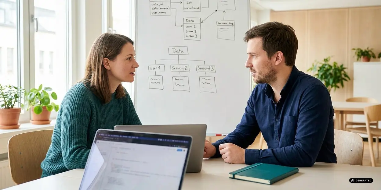 Two people discussing at a table with a laptop, whiteboard in the background
