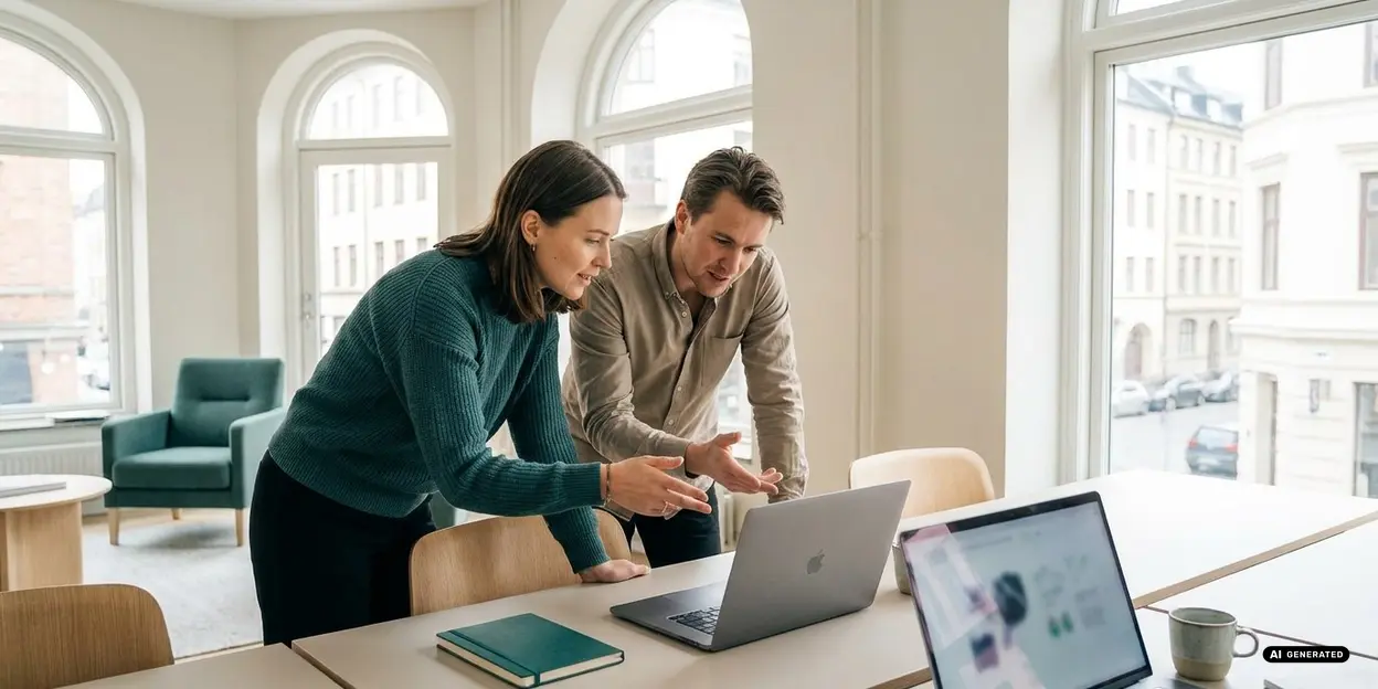 Two people discussing over a laptop in a bright office