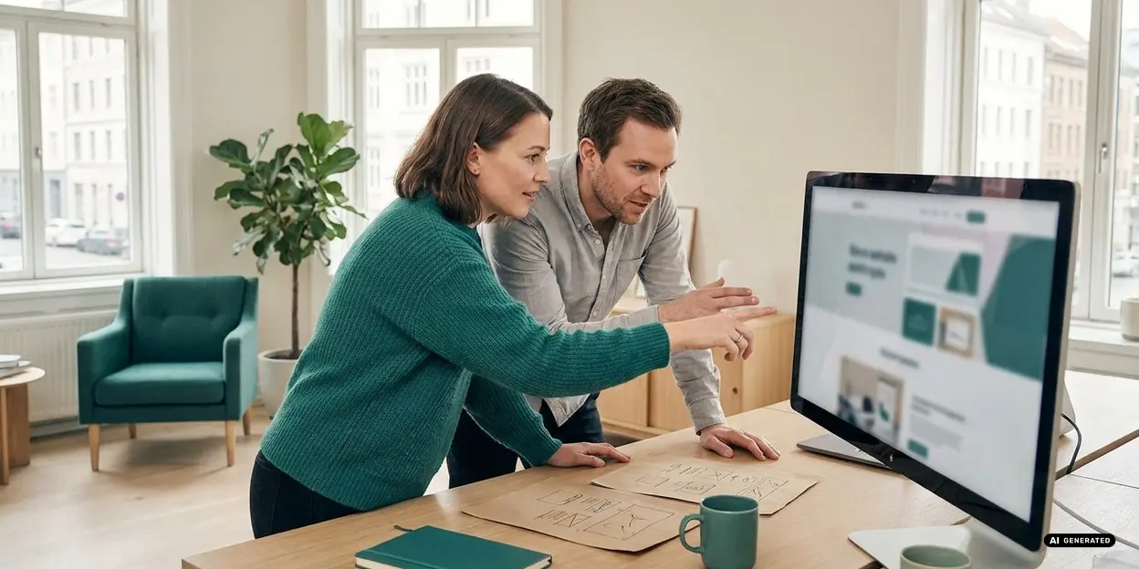 Two colleagues discussing a project on a computer screen in a bright office