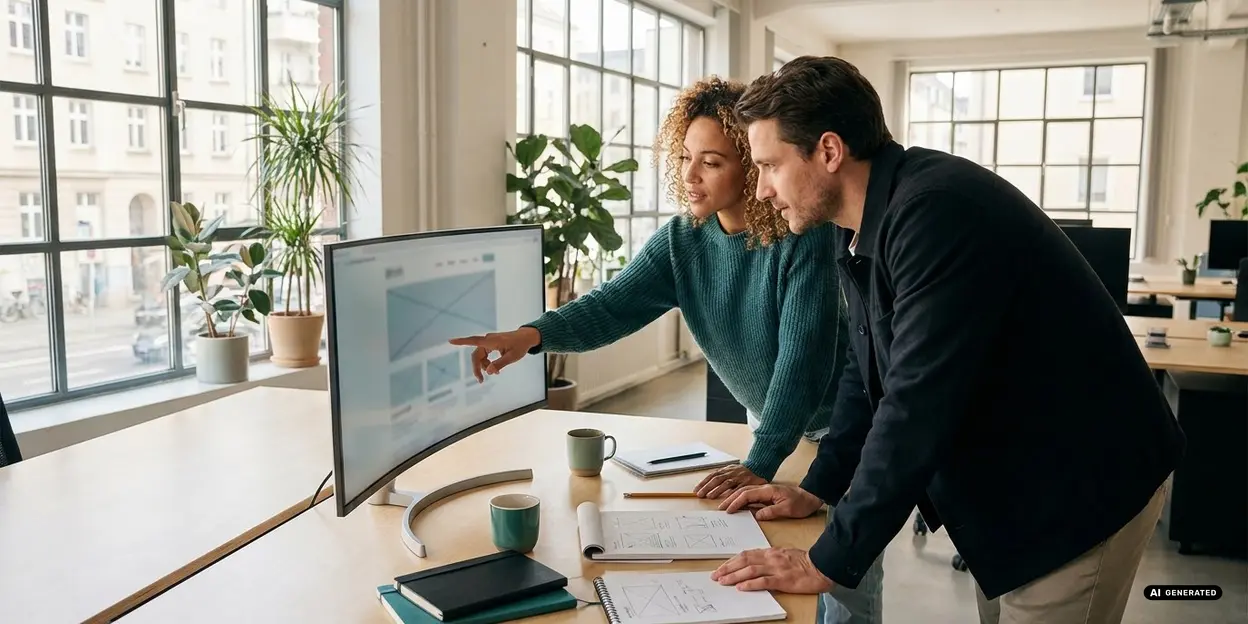 Two colleagues discussing a project in a bright office