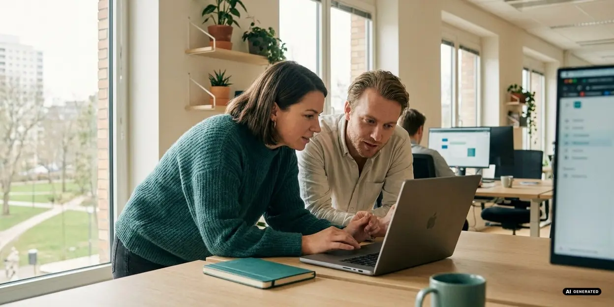 Two colleagues collaborating on a laptop in a modern office