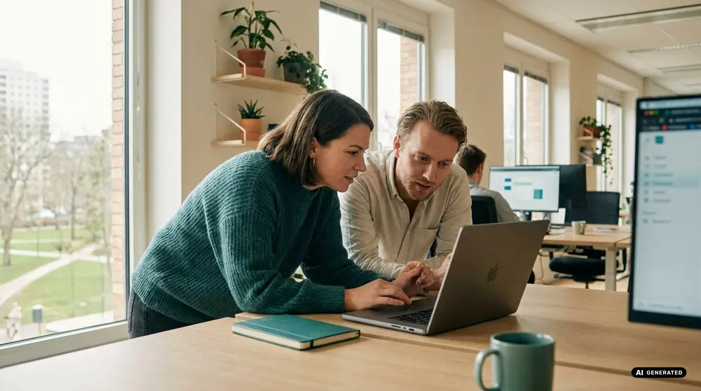 Two colleagues collaborating on a laptop in a modern office