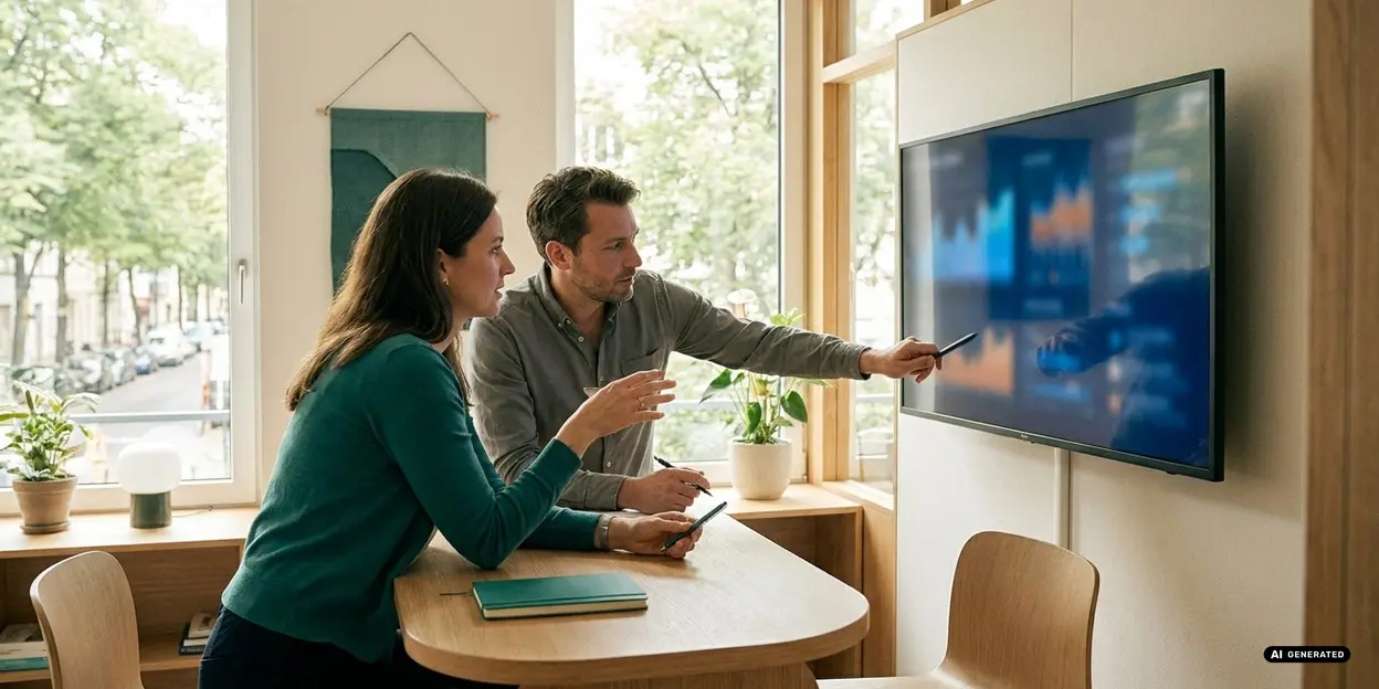Two people discussing data on a large screen in a bright office