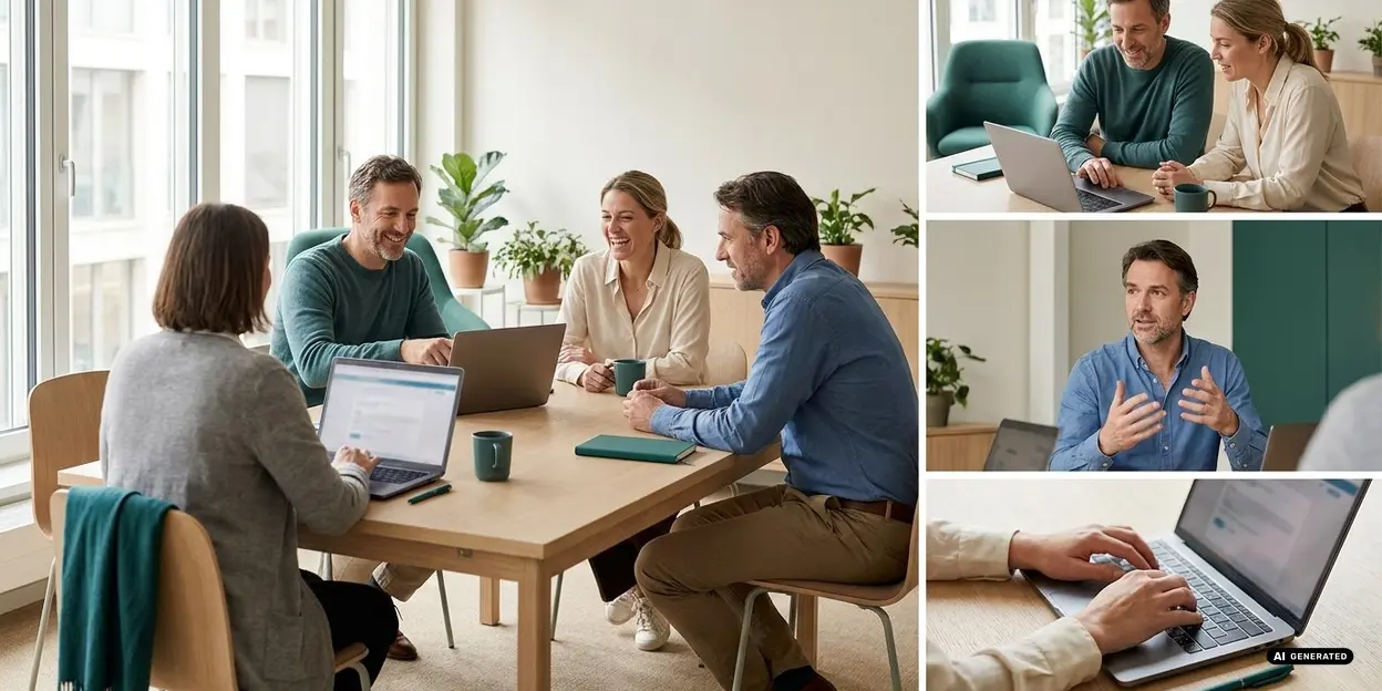 Team engaged in a conference room discussion with laptops