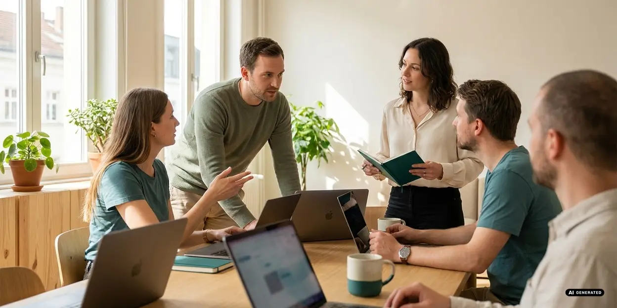 People engaged in a team meeting around a table with laptops and coffee in a bright office