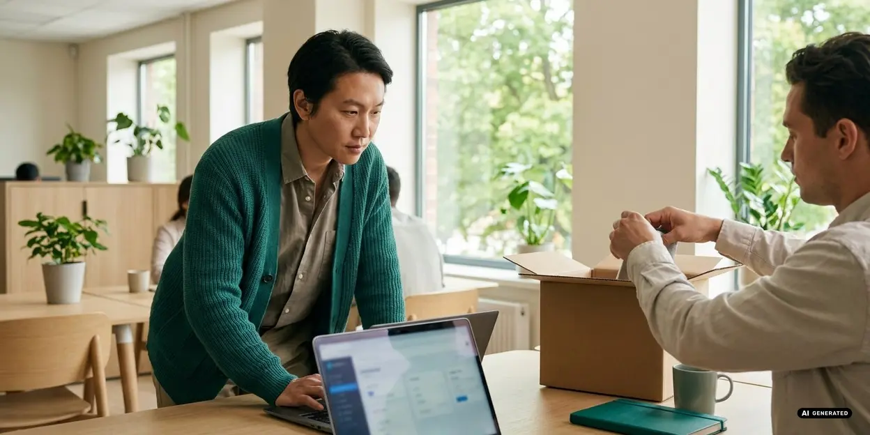 Two people working with a laptop and a cardboard box in a bright office