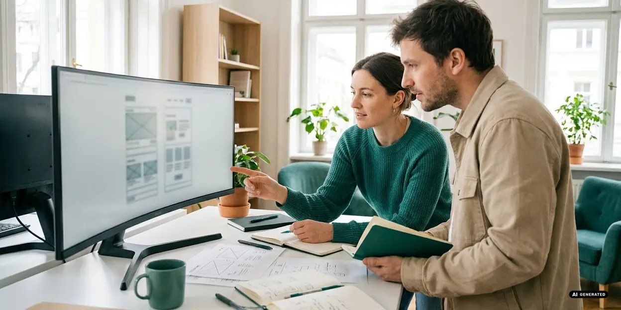Two colleagues collaborating at a desk with a large monitor