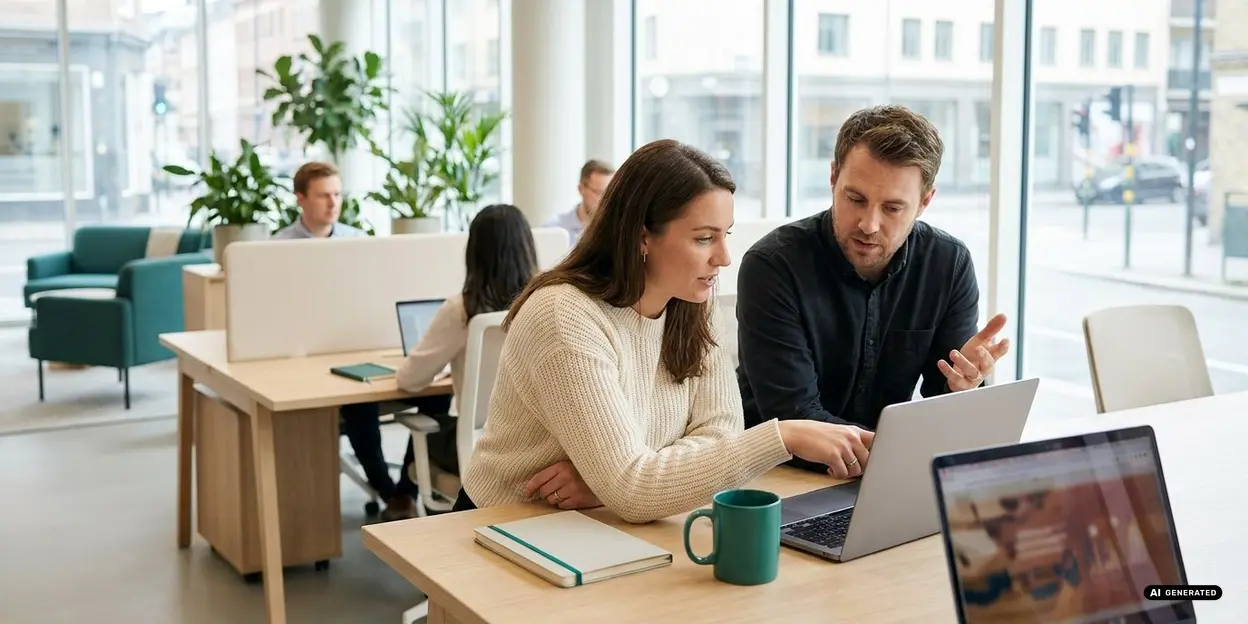 People working together in a modern office with laptops