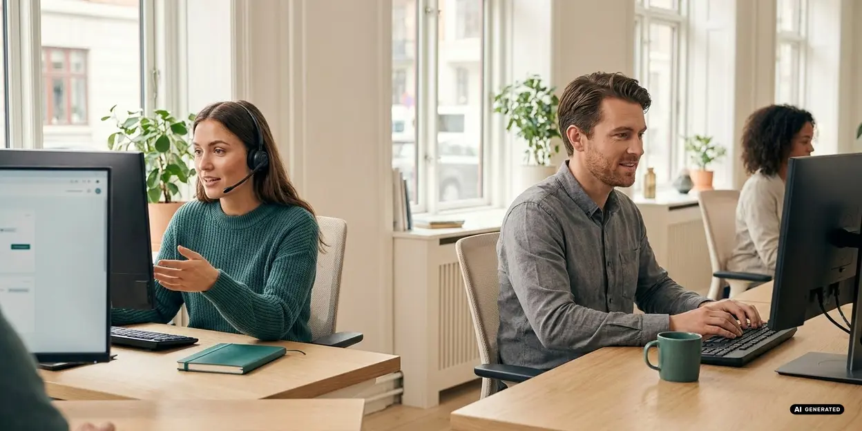 Office workers collaborating at desks with computers and a headset