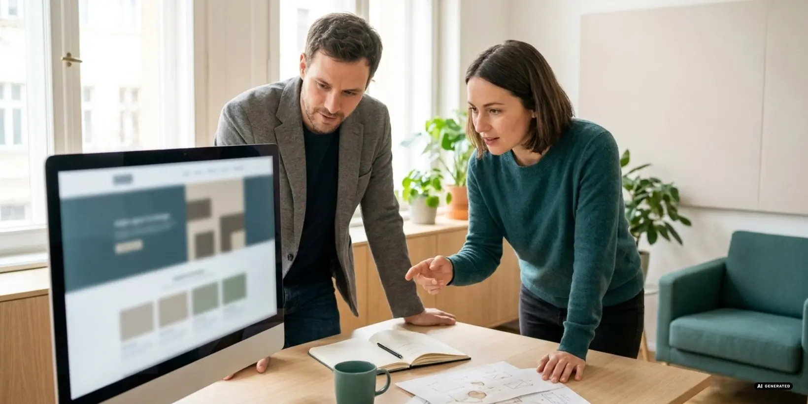 Two colleagues discussing at a desk with a computer, papers, and a plant in the background.