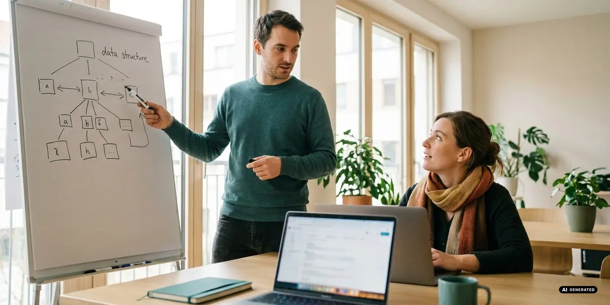 Man presenting data structure diagram on whiteboard to colleague in office.