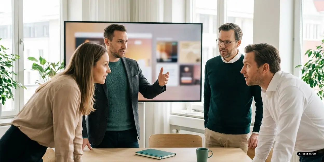 Group of four people engaged in a discussion around a table in a bright office with a large screen