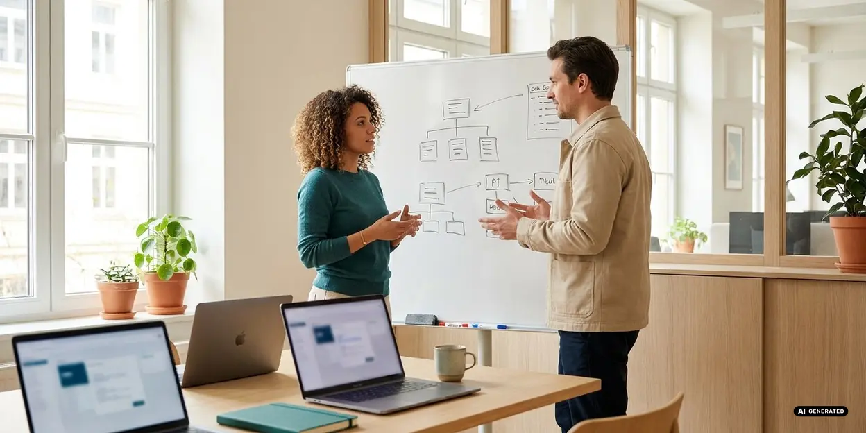 Two people discussing at a whiteboard with laptops on a table
