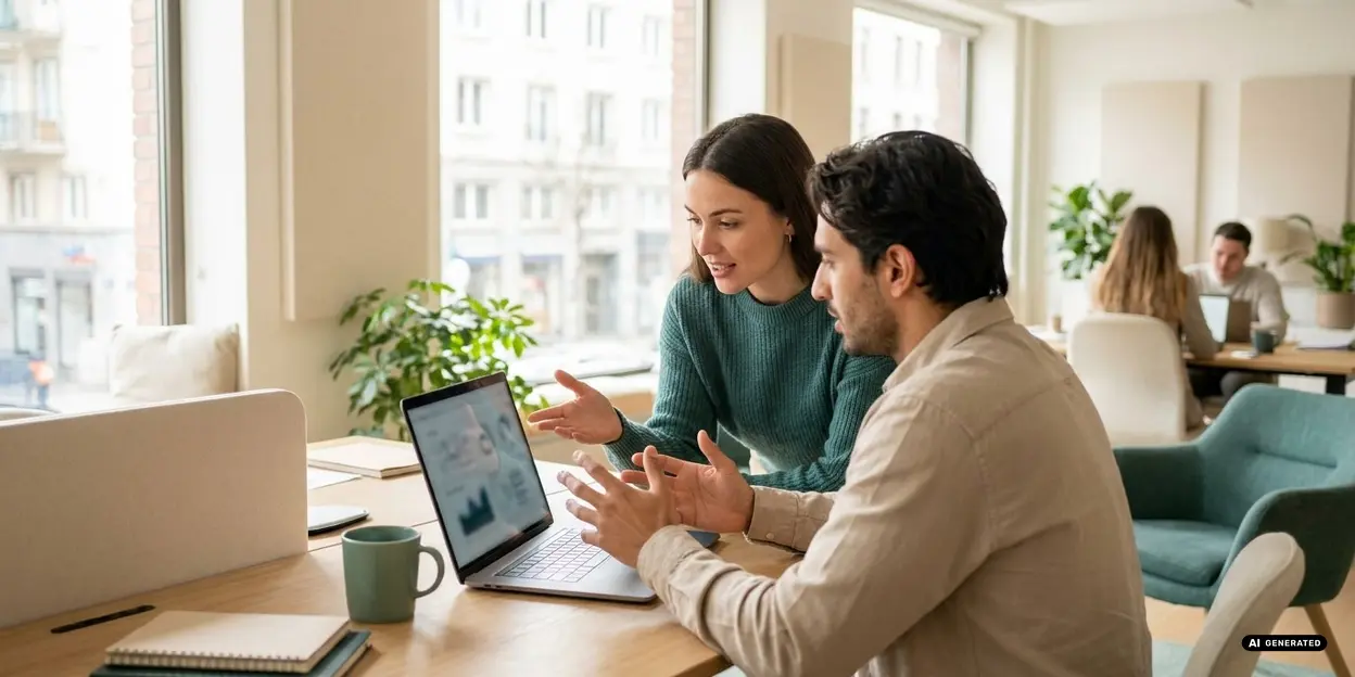 Two coworkers discussing at a laptop in an office