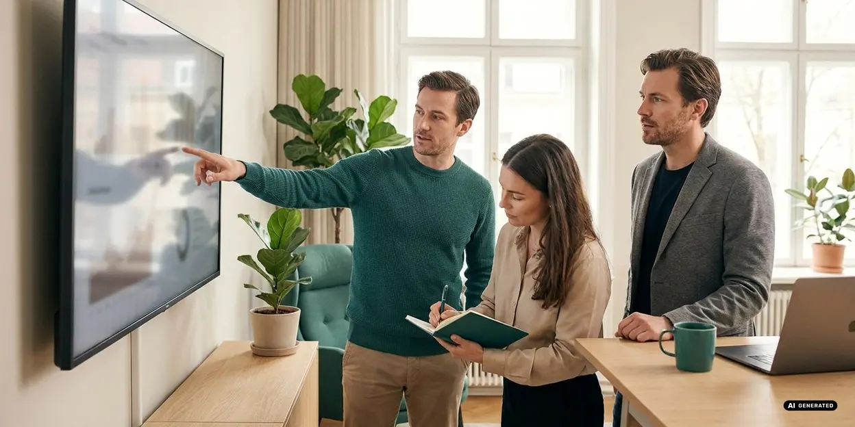Three people discussing a presentation in an office