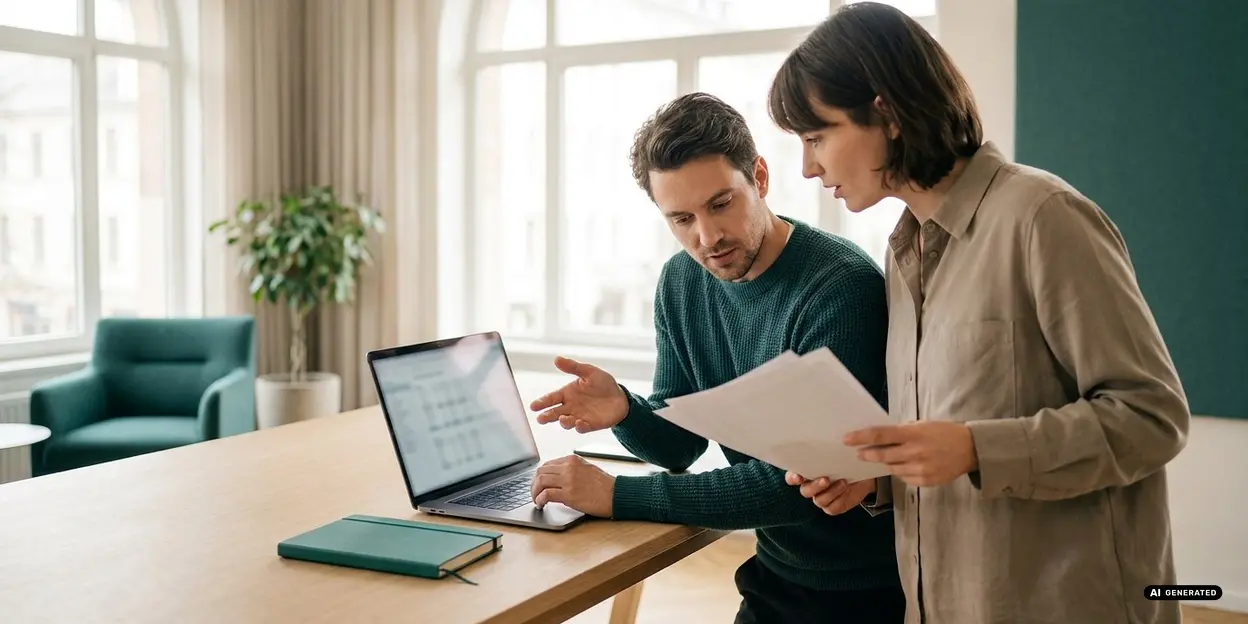 Two people discussing documents by a laptop in a bright office