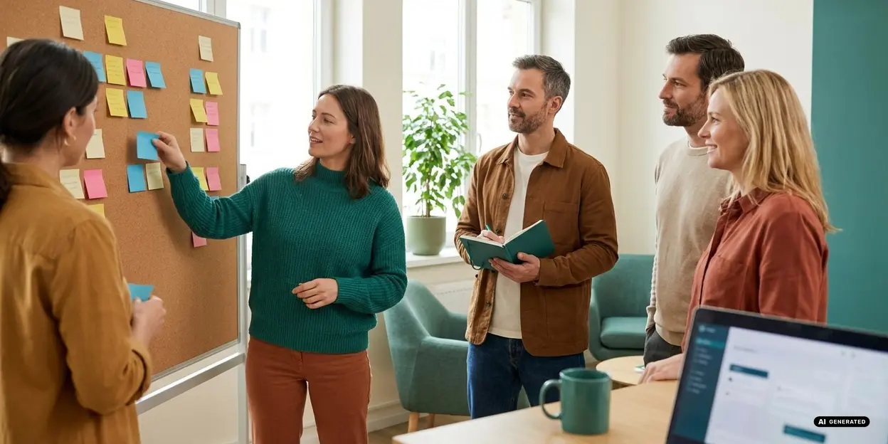 Group of people brainstorming with sticky notes on a board