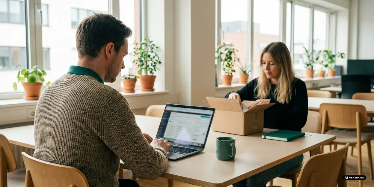 Two people working at a table with laptops and plants on the windowsill