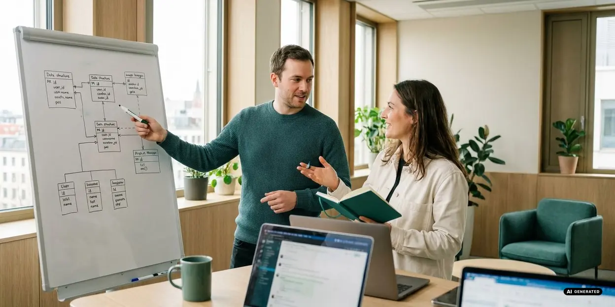 Two colleagues discussing a diagram on a flip chart in an office setting.