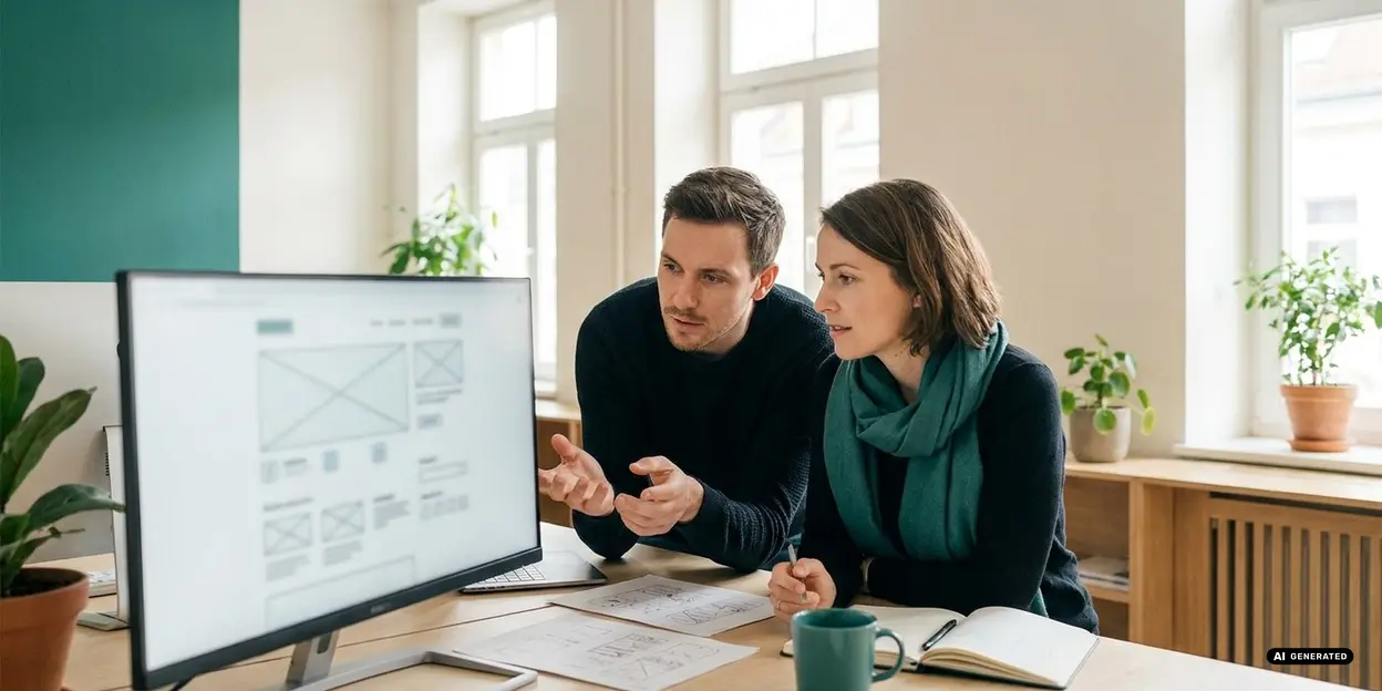 Two people discussing a project on a computer screen in an office