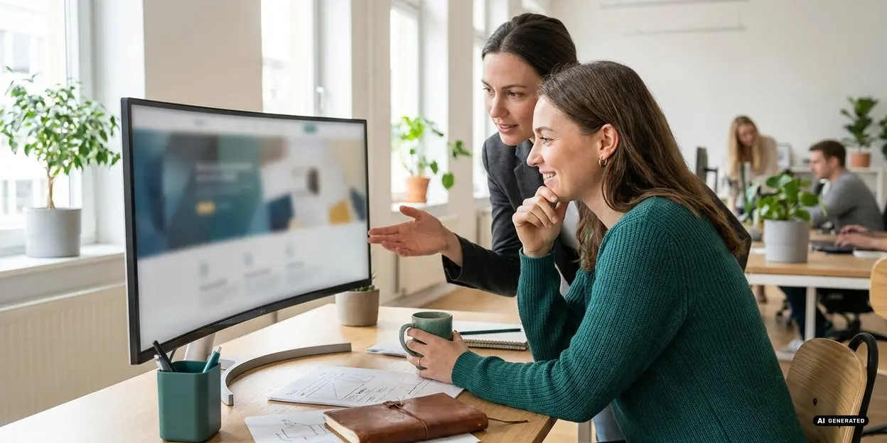 Two colleagues discussing work in front of a computer screen in an office.