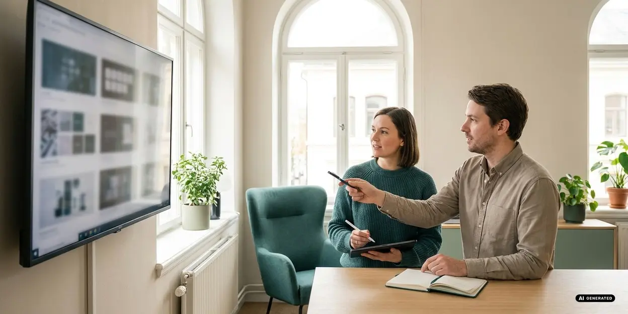 Two people discussing at a desk with a screen