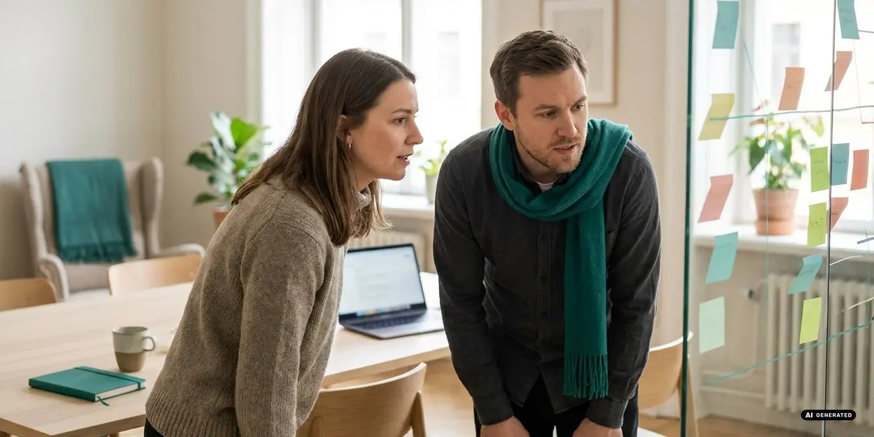 Two people brainstorming with sticky notes in an office