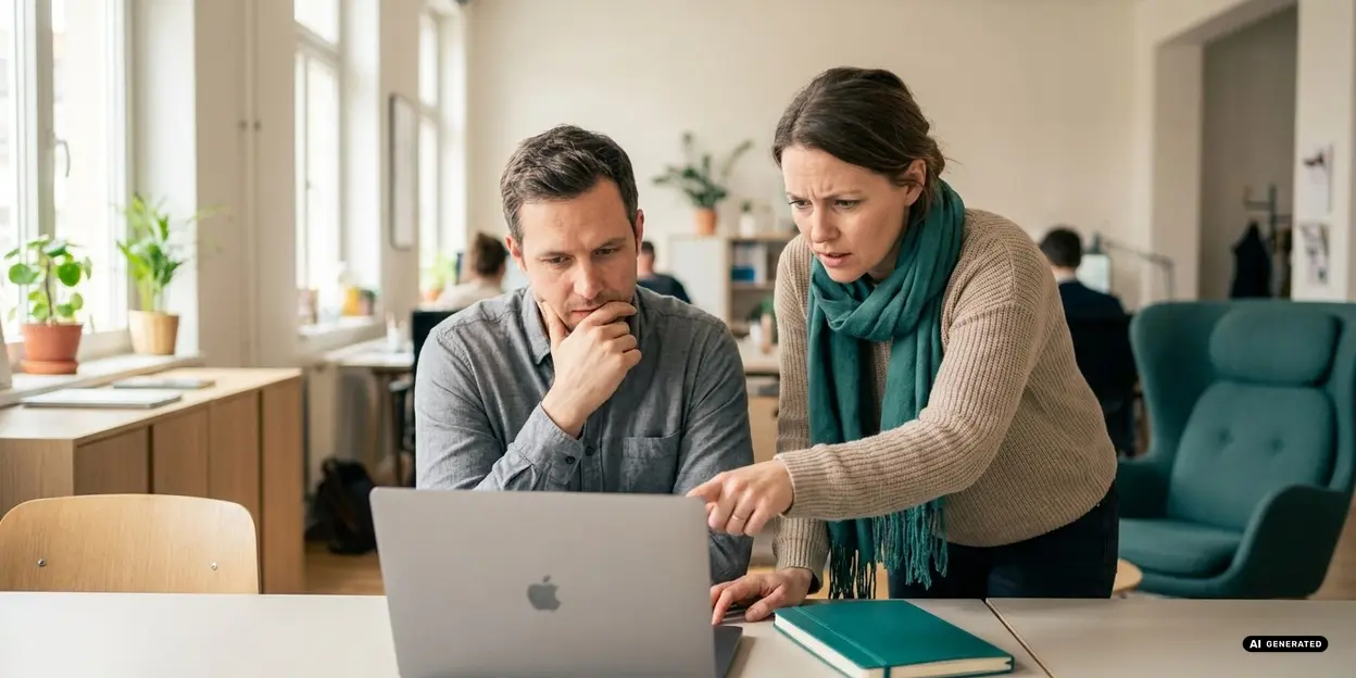 Two colleagues discussing work at a laptop in an office